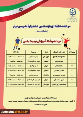 در مرکز آموزش عالی شهید بهشتی تهران

برنامه حضور رشته ها در مرحله منطقه ایی یازدهمین جشنواره تدریس برتر